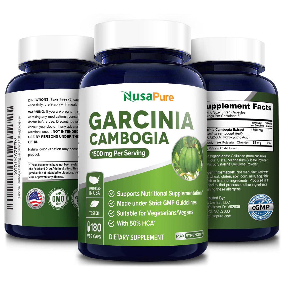 Garcinia Cambogia 180 Veggie Caps 1500mg (Vegetarian, Natural, Non-GMO & Gluten Free)