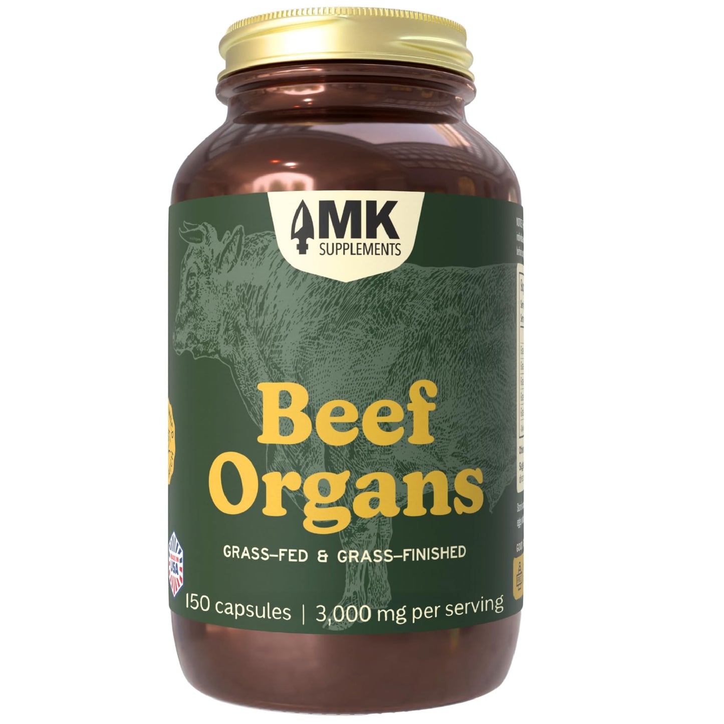 MK Supplements Grass-Fed Desiccated Beef Liver, Non-Defatted, Made in USA | 3,000mg per serving, 150 capsules, 30 servings, freeze-dried, regeneratively raised, amber glass bottle, family owned