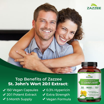 Zazzee Extra Strength St. John’s Wort 20:1 Extract, 0.3% Hypericin, 150 Vegan Capsules, 5 Month Supply, Hypericum Perforatum, Mood & Emotional Wellness Support, Herbal Supplement, Non-GMO, Made in USA