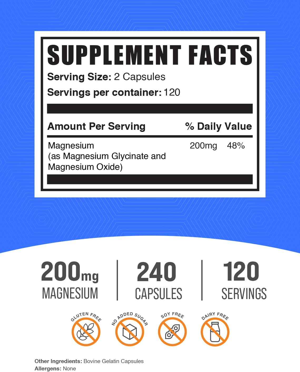 BulkSupplements.com Magnesium Glycinate Capsules - Magnesium Supplement, Magnesium Glycinate 200mg - Gluten Free, 2 Capsules per Serving, 240 Count (Pack of 1)