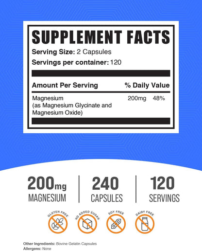 BulkSupplements.com Magnesium Glycinate Capsules - Magnesium Supplement, Magnesium Glycinate 200mg - Gluten Free, 2 Capsules per Serving, 240 Count (Pack of 1)