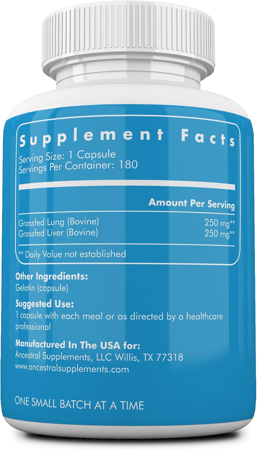 Ancestral Supplements Grass Fed Beef Lung Supplement with Liver, 180 Ct | Lung and liver supplement supports respiratory, vascular and circulatory health in one whole food formula.