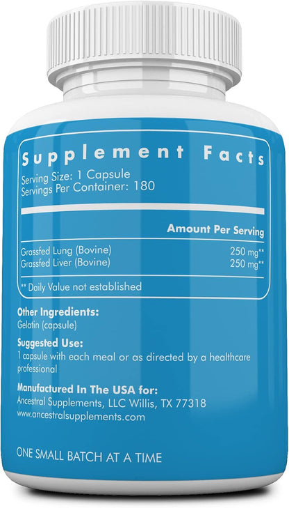 Ancestral Supplements Grass Fed Beef Lung Supplement with Liver, 180 Ct | Lung and liver supplement supports respiratory, vascular and circulatory health in one whole food formula.