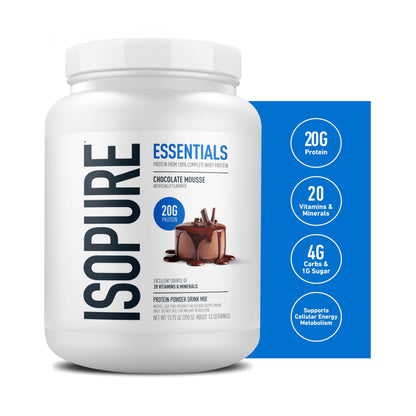 Isopure Essentials 100% Whey Protein Powder, with Vitamins, 20g Protein Per Serving, Unflavored, 13 Servings (Pack of 1)