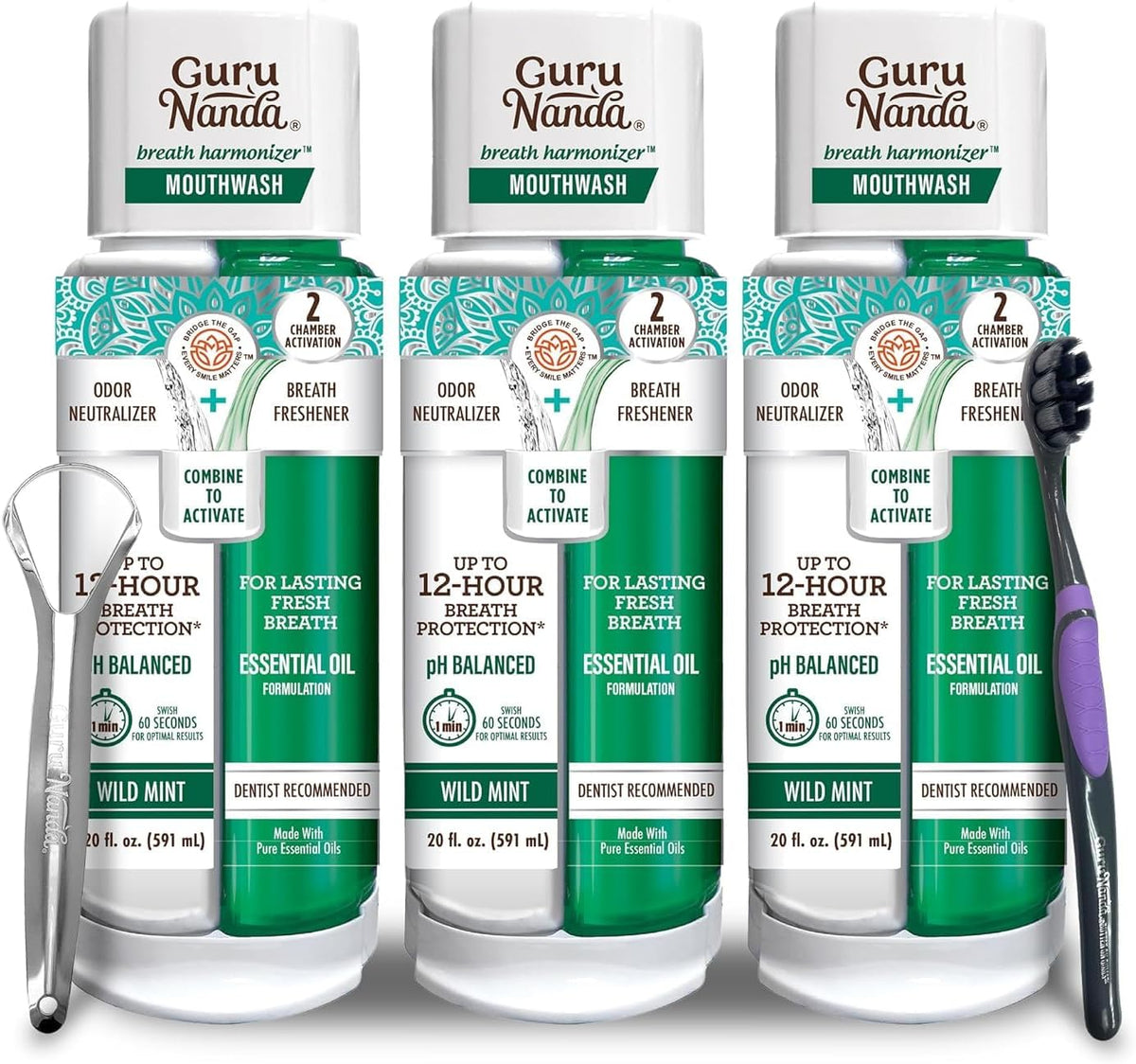 GuruNanda Dual Barrel Fresh Breath Mouthwash with Xylitol, Mint, 3x20 oz