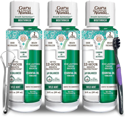 GuruNanda Dual Barrel Fresh Breath Mouthwash with Xylitol, Mint, 3x20 oz