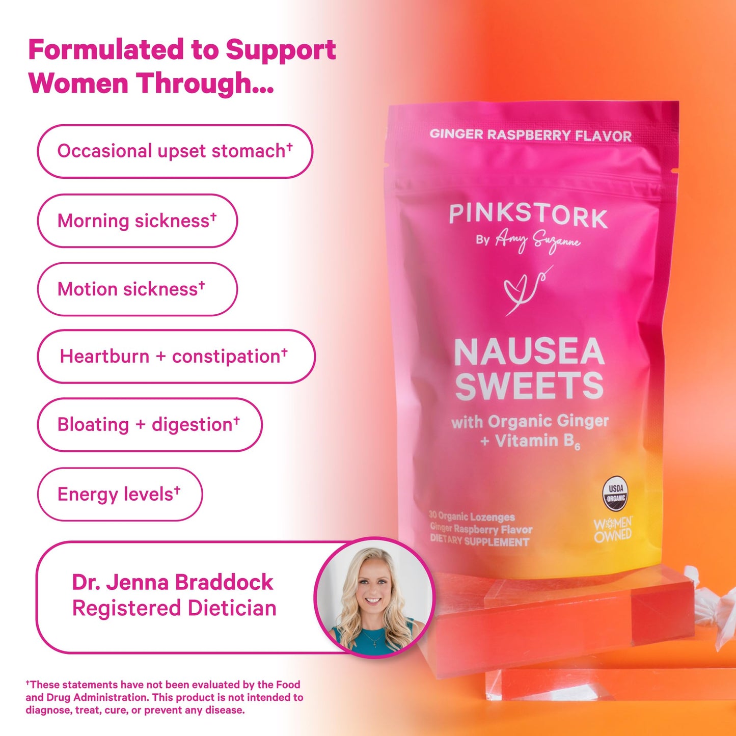 Pink Stork Organic Peppermint Sweets, Peppermint, 30 Candies | Morning Sickness Support, Motion Sickness Support, Added Vitamin B6, 1st Trimester Pregnancy Must Haves, Wrapped