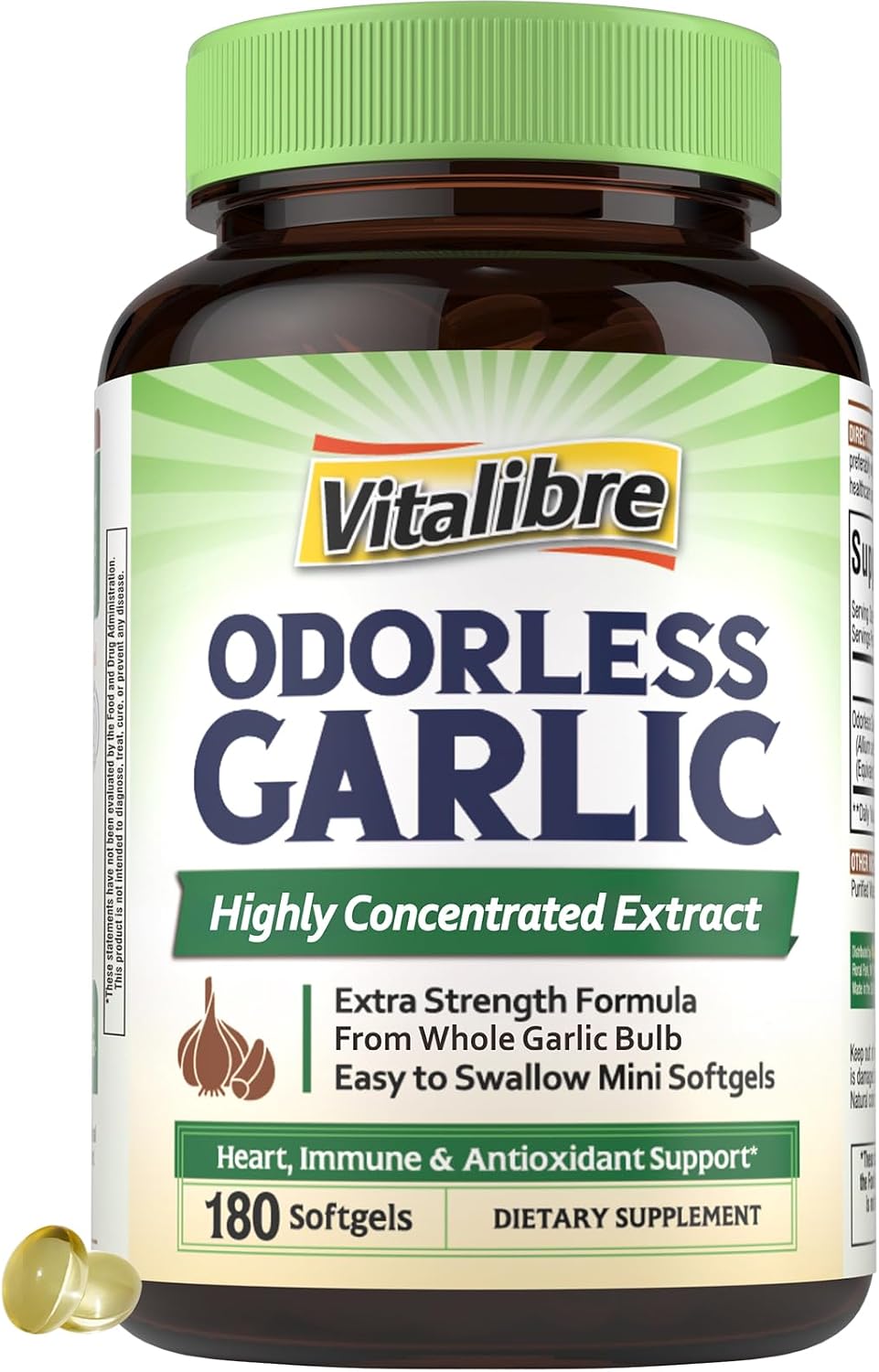 Odorless Garlic, Extra Strength Extract, Non-GMO, No Gluten, Heart & Immunity, Antioxidant Defense, 180 Softgels