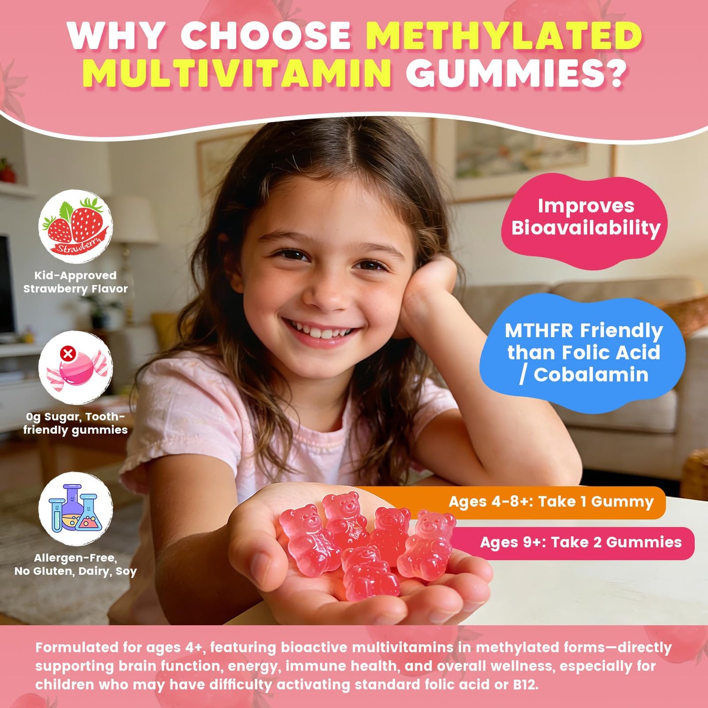 Kids Methylated Multivitamin Gummies with Omega 3, 16 Vitamins, Sugar Free | Multivitamin for Kids & Teens 4+ w/L Methylfolate & B12, Calcium, Probiotics, Elderberry, for Healthy Growth, Immune Support