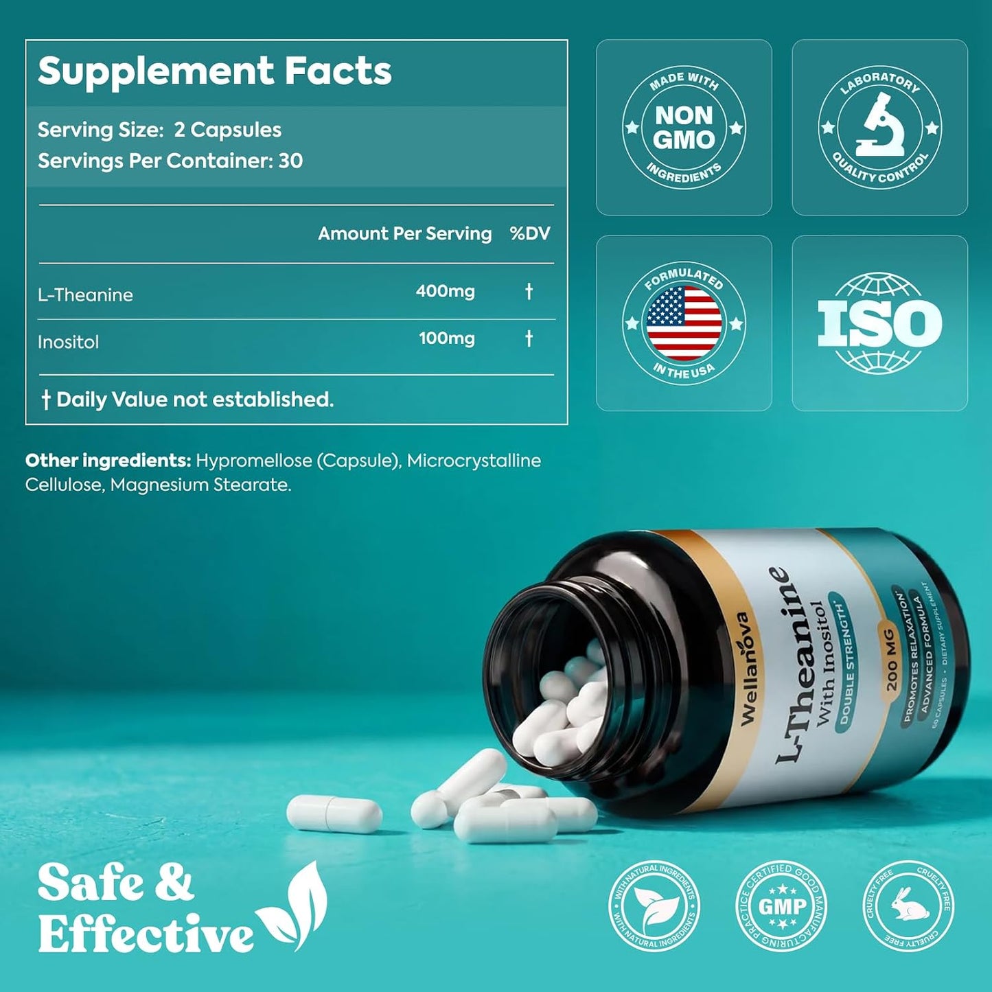 L-Theanine Supplement 400mg Double Strength – L-Theanine with Inositol | Supports Relaxation & Focus, Advanced Formula, 60 Capsules