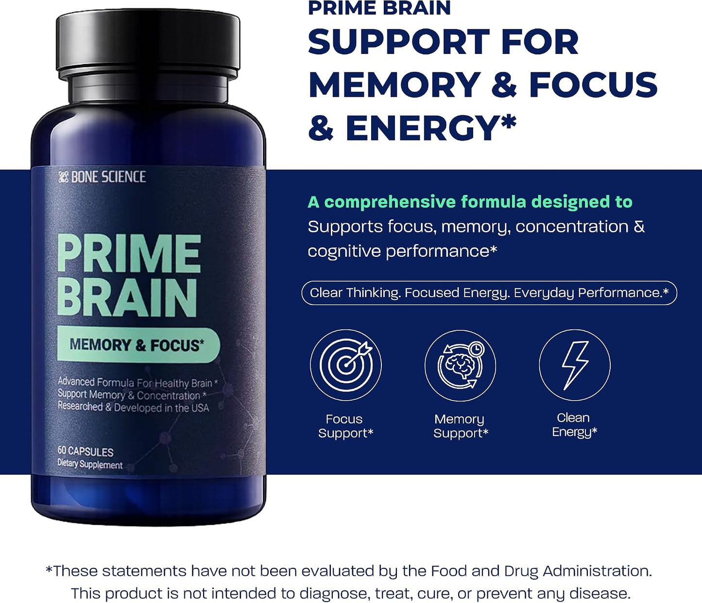BONE SCIENCE Prime Brain Memory & Focus Support Supplement for Adults, Alpha GPC, Ginkgo Biloba, L-Theanine, Rhodiola, L-Tyrosine & Guarana, Cognitive Support Formula, 60 Capsules