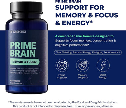 BONE SCIENCE Prime Brain Memory & Focus Support Supplement for Adults, Alpha GPC, Ginkgo Biloba, L-Theanine, Rhodiola, L-Tyrosine & Guarana, Cognitive Support Formula, 60 Capsules