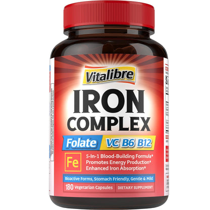 Iron Supplement for Women & Men, with Vitamins C, B6, B12 & Folate | for Iron Deficiency, Blood Building & Energy Support, Stomach Friendly, Better Absorption, Non-GMO, No Gluten, 60 Vegan Caps
