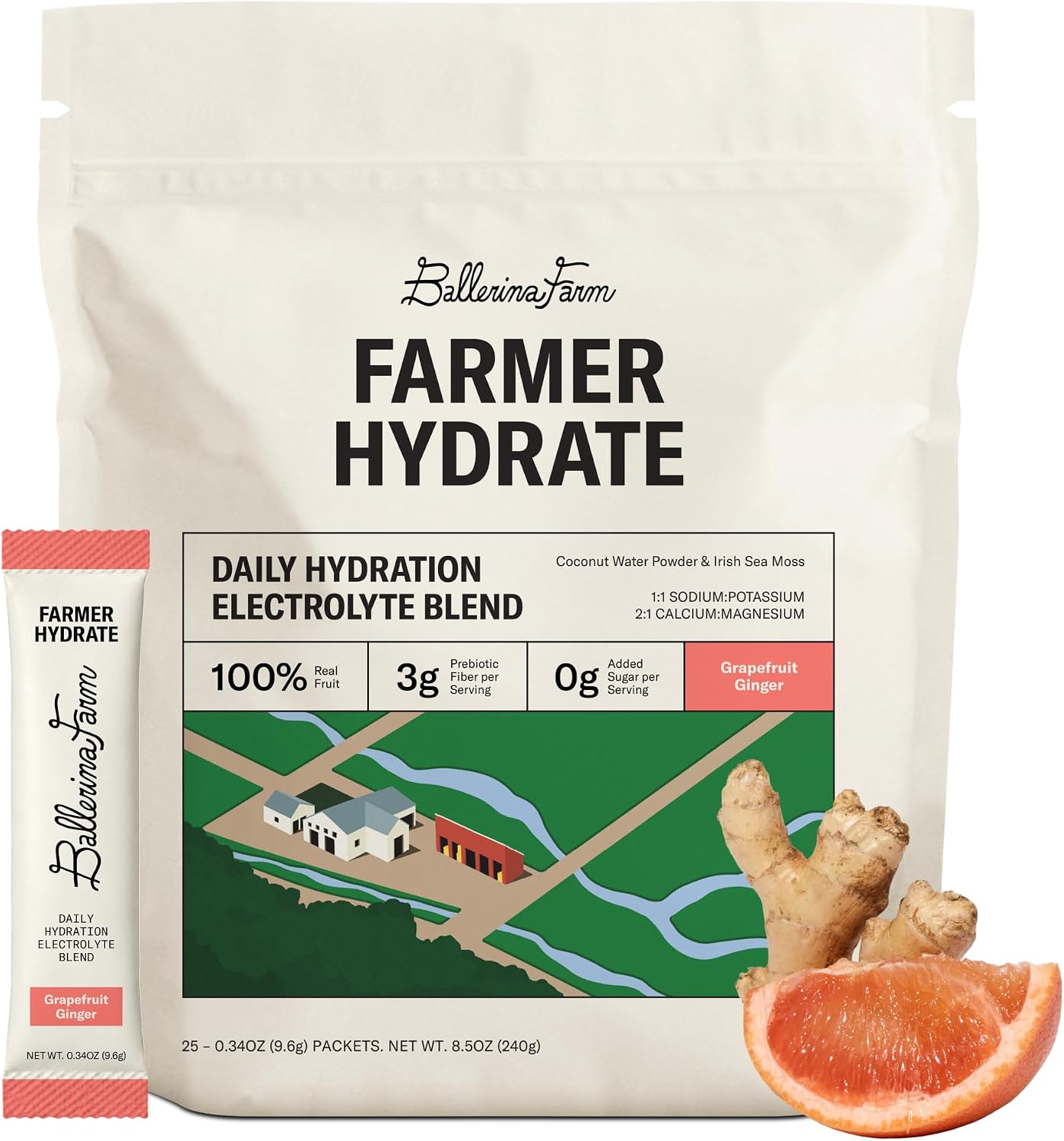 Ballerina Farm Farmer Hydrate Grapefruit Ginger Electrolyte Powder Packets | Travel Ready, Coconut Water, Irish Sea Moss, French Sea Salt, 210mg Sodium, 25 Count