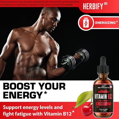 HERBIFY Vitamin B12 Methylated Multivitamin Energy Supplements for Women & Men - Liquid B12 Vitamins 5000 Mcg Methylcobalamin - Energy Support and Immune Health Liquid Vitamin - 30 Days Supply - 2 Oz