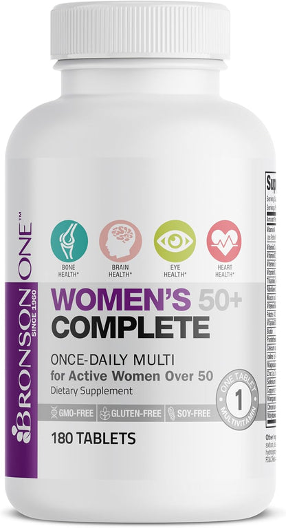 Bronson ONE Daily Women 50+ Complete Multivitamin Multimineral, 180 Tablets | Once-Daily, Targeted Nutrition For Active Women Over 50, Non-GMO, Gluten-Free, Soy-Free