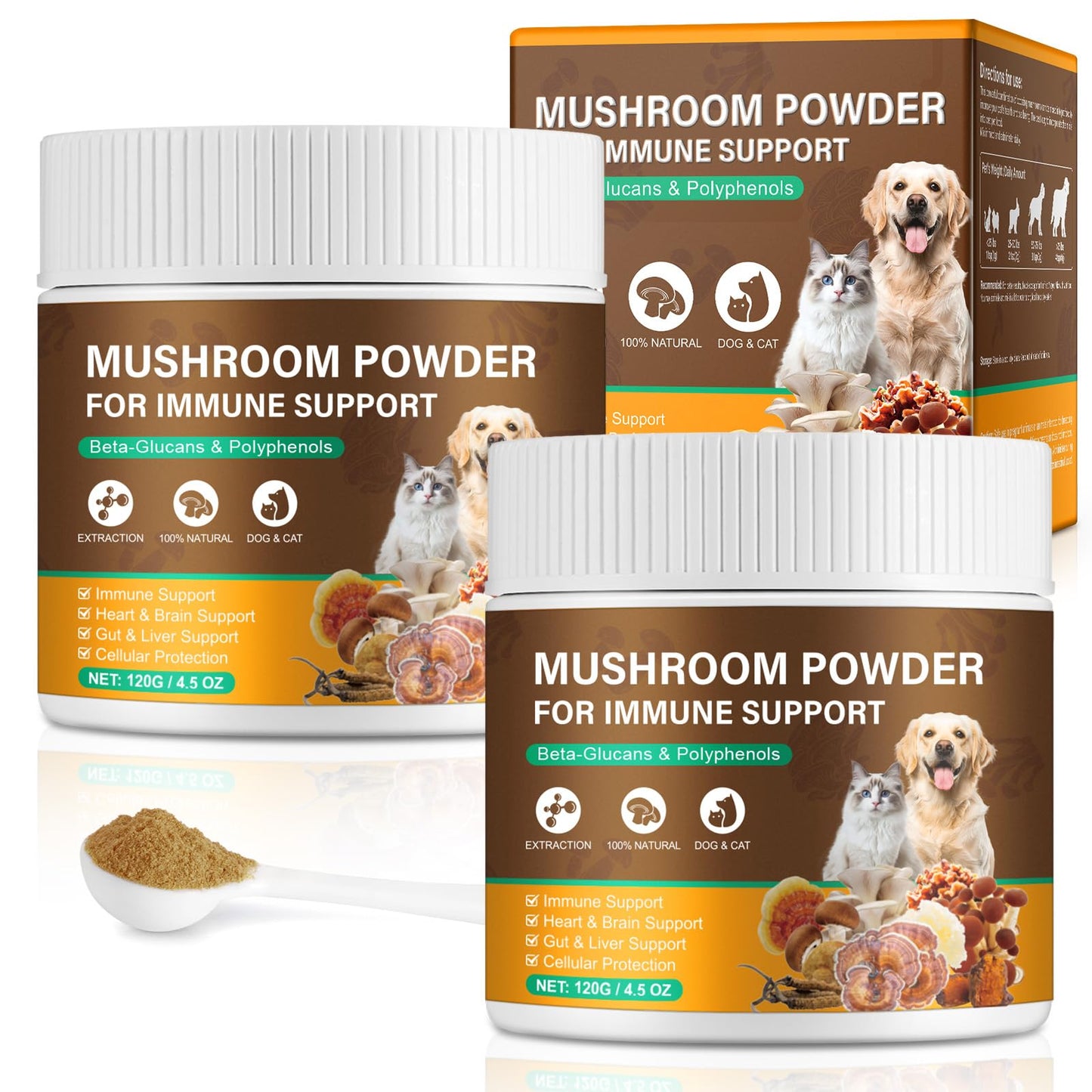 Mushroom Supplement Powder for Dogs & Cats, 11 Beneficial Mushroom Complex for Immune Support, Cellular Protection, Heart & Brain Health Lion's Mane, Reishi & Turkey Tail, Bacon Flavor - 120g