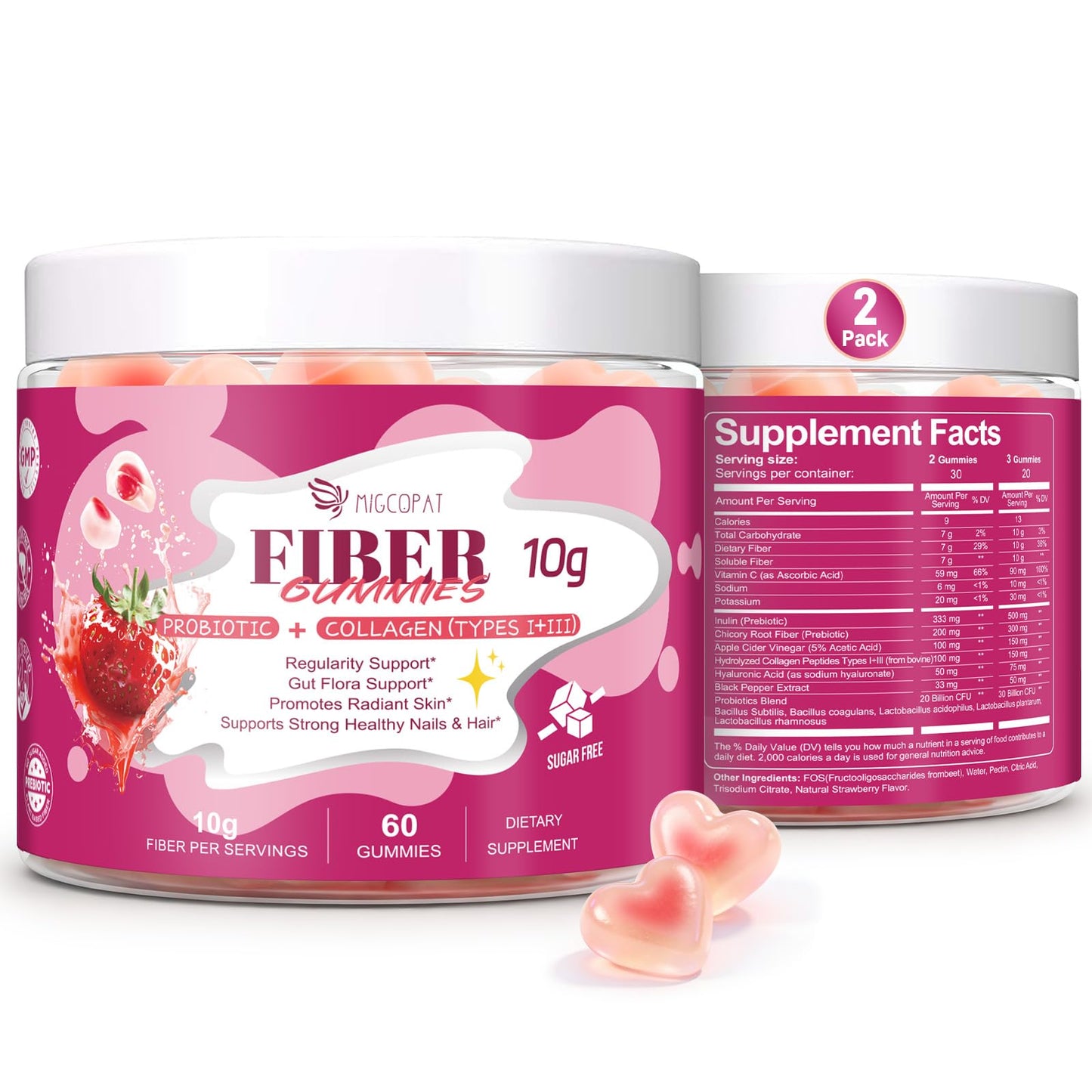 Migcopat 10G Fiber Gummies with Collagen Peptides, Hyaluronic Acid, Vitamin C, ACV, 30 Billion CFU Probiotics – Sugar Free Collagen Gummy for Skin, Hair & Nails – Digestive Health Support – 60 Cts