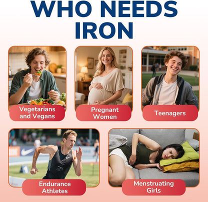 Vitalibre Iron Supplement for Women and Men, Iron Bisglycinate, 65mg Elemental Iron, Non-Constipating, with Vitamins C B6 B12 Folate & Beet Root, 60 Caps