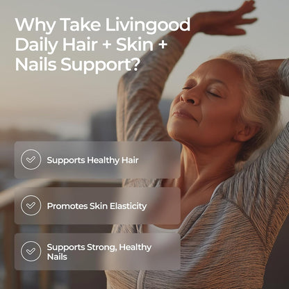 Livingood Daily Hair, Skin & Nails Supplement, 14-in-1 Formula with Biotin, Collagen, Keratin, Bamboo, Selenium, Folate, B12, Zinc and More, Beauty Supplement for Women & Men, Gluten Free, 60 Capsules