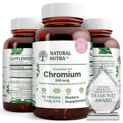 Natural Nutra GTF Chromium Polynicotinate with ChromeMate, Supports Body Metabolism, Support Heart Health, Maintain Body Fat Level, Improve Digestion, Cardiovascular Health, 200 mcg, 120 Vegan Tablets