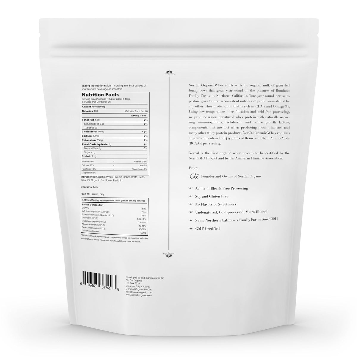 NorCal Organic Unflavored Whey Protein - 2lbs Bulk | 100% Grass-Fed, USDA Certified