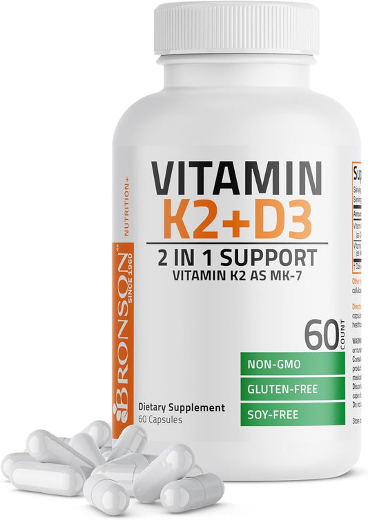 Bronson Vitamin K2 D3 (MK7) Supplement 2-in1 D3 & K2 Complex, 60 Capsules | Bone, Immune & Heart Health Support, Gluten Free, Soy Free, Non-GMO, Vitamin D3 5000IU (125 mcg) & 90 mcg K2 MK-7