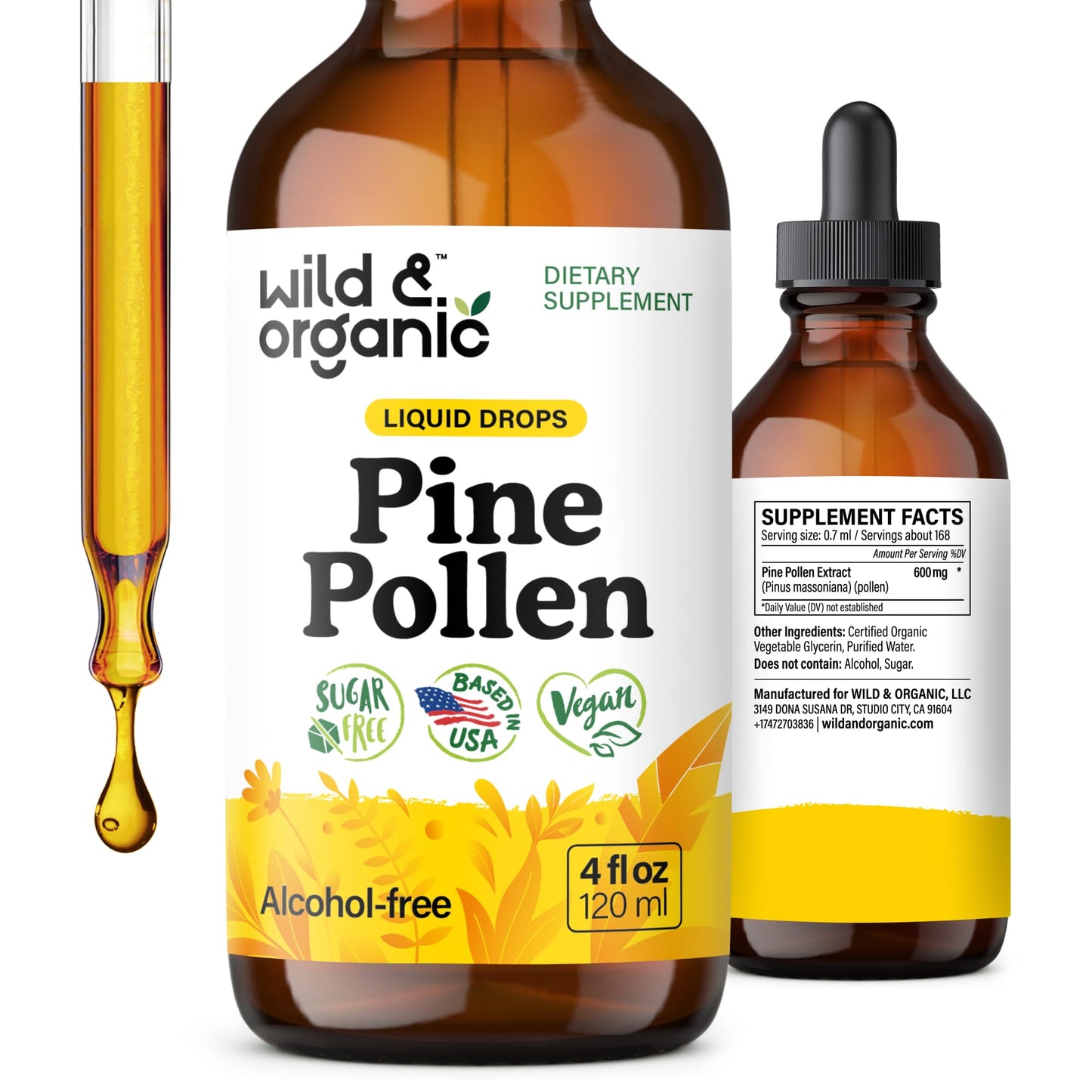 Wild & Organic Pine Pollen Tincture - Pine Pollen for Men & Women - Add to Tea & Drink - Pure Pinus Massoniana Extract Drops - Vegan, Sugar & Alcohol-Free Liquid Supplement - 4 fl oz