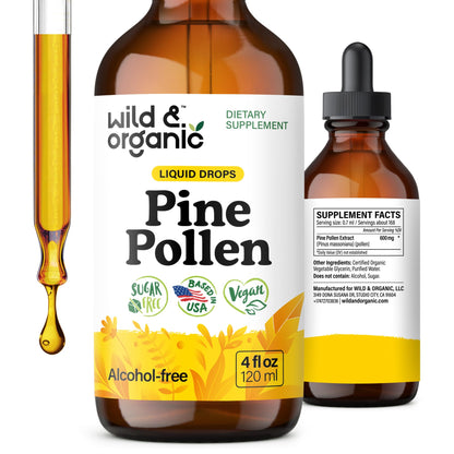 Wild & Organic Pine Pollen Tincture - Pine Pollen for Men & Women - Add to Tea & Drink - Pure Pinus Massoniana Extract Drops - Vegan, Sugar & Alcohol-Free Liquid Supplement - 4 fl oz