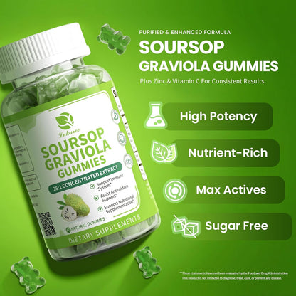 (2 Pack) Soursop Gummies - Soursop Leaves Concentrated Extract for Immune | Herbal Extracts w/Vitamin C, Zinc & Natural Food for Liver, Calming & Antioxidant, Sugar Free, Gluten Free, Vegan, 60 Gummies