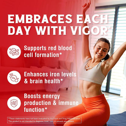 Iron Supplement for Women & Men, with Vitamins C, B6, B12 & Folate | for Iron Deficiency, Blood Building & Energy Support, Stomach Friendly, Better Absorption, Non-GMO, No Gluten, 60 Vegan Caps