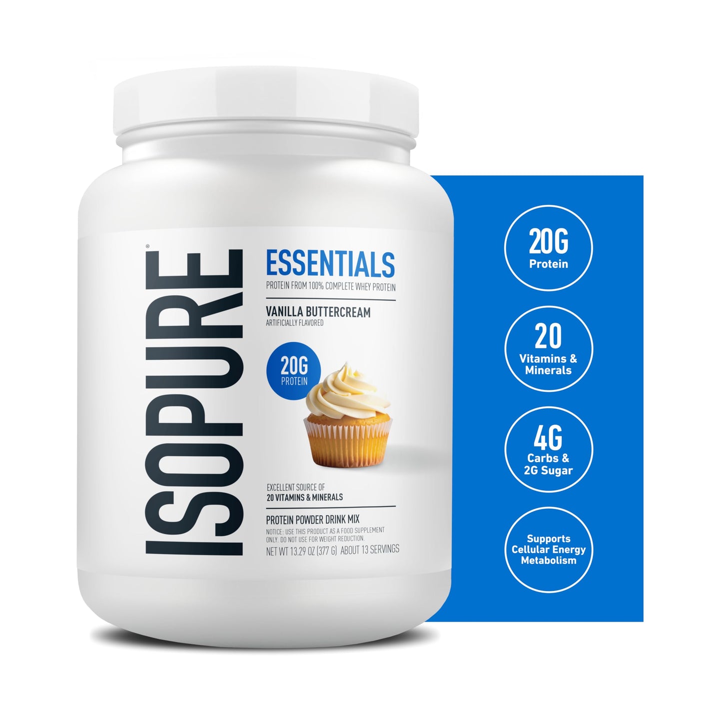 Isopure Essentials 100% Whey Protein Powder, with Vitamins, 20g Protein Per Serving, Unflavored, 13 Servings (Pack of 1)