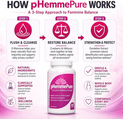 pHemmePure Advanced Feminine Balance Formula with D-Mannose Cranberry Extract Hibiscus & Dandelion - Daily Urinary Tract Support for Women - Promotes Healthy Vaginal pH & Bladder Comfort - 60 Capsules
