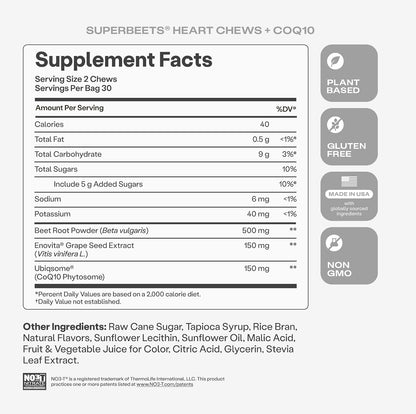 HumanN SuperBeets 3-in-1 Heart Chews - 3X Absorption CoQ10 - Plus Beetroot & Grape Seed Extract, Blood Pressure Support, Support Healthy Blood Flow, Circulation, 60 Count