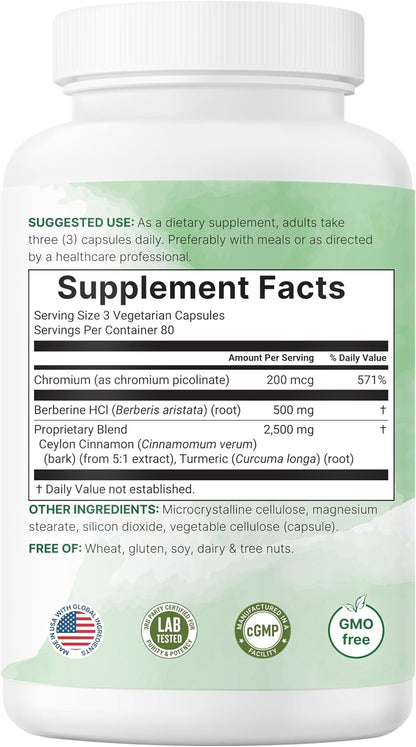 Micro Ingredients Berberine with Ceylon Cinnamon, 240 Veggie Capsules | High Absorption Berberine HCI Supplement + Turmeric Root & Cinnamon Bark Extract | Non-GMO, Gluten Free