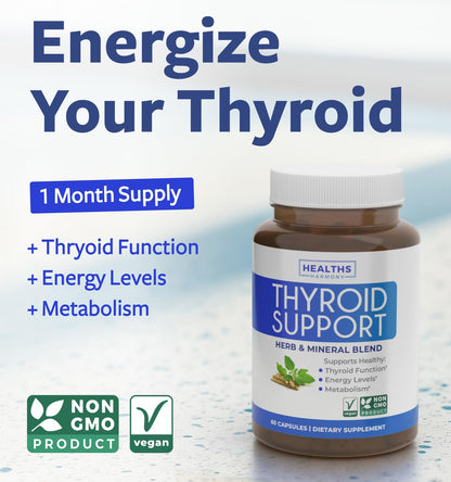Thyroid Support with Iodine - 120 Capsules (Non-GMO) Improve Your Energy - Ashwagandha Root, Zinc, Selenium, Vitamin B12 Complex - Thyroid Health Supplement for Women and for Men - 60 Day Supply