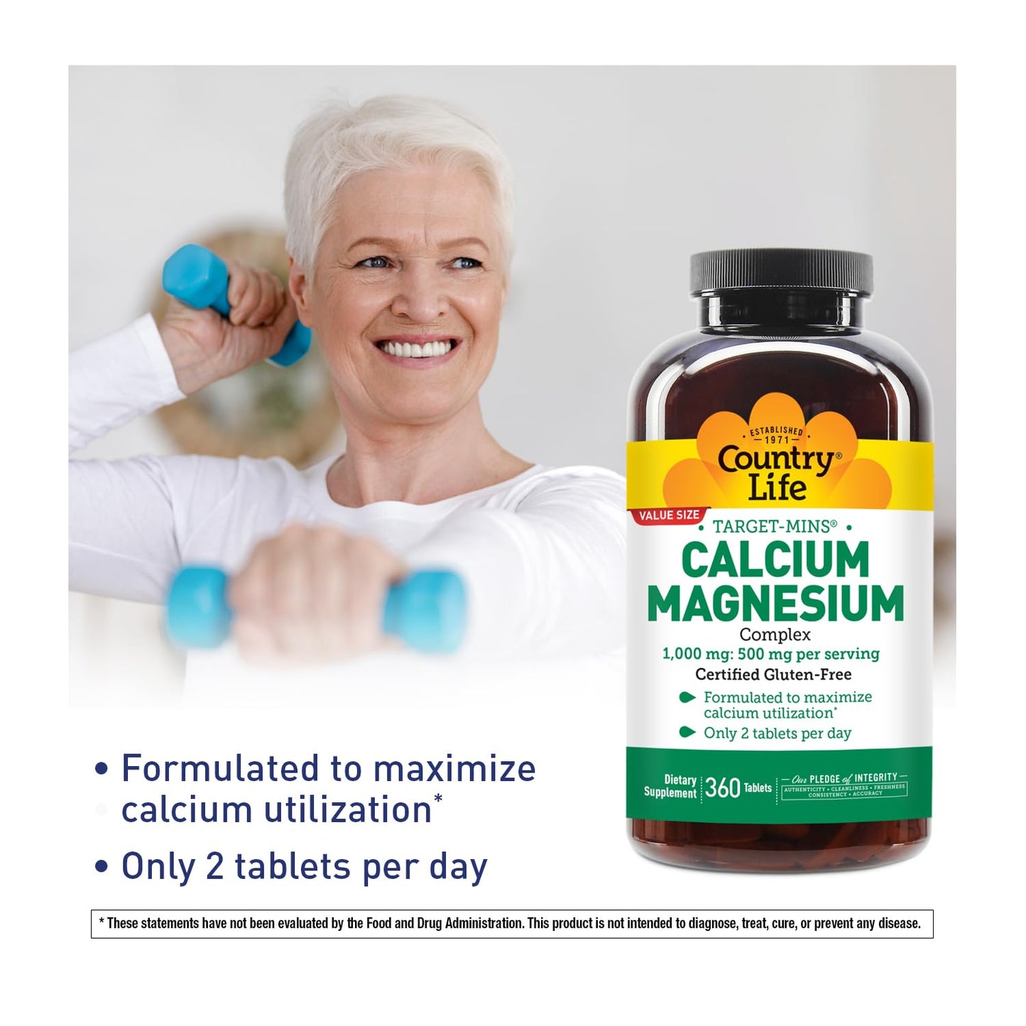 Country Life Target-Mins Calcium Magnesium Supplement for Bone Health, 1000mg Calcium, 500mg Magnesium, Gluten Free, 2:1 Ratio for Optimal Utilization