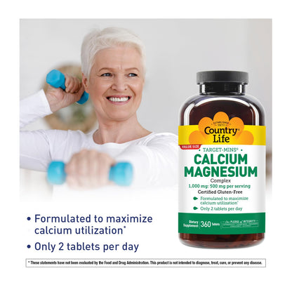 Country Life Target-Mins Calcium Magnesium Supplement for Bone Health, 1000mg Calcium, 500mg Magnesium, Gluten Free, 2:1 Ratio for Optimal Utilization