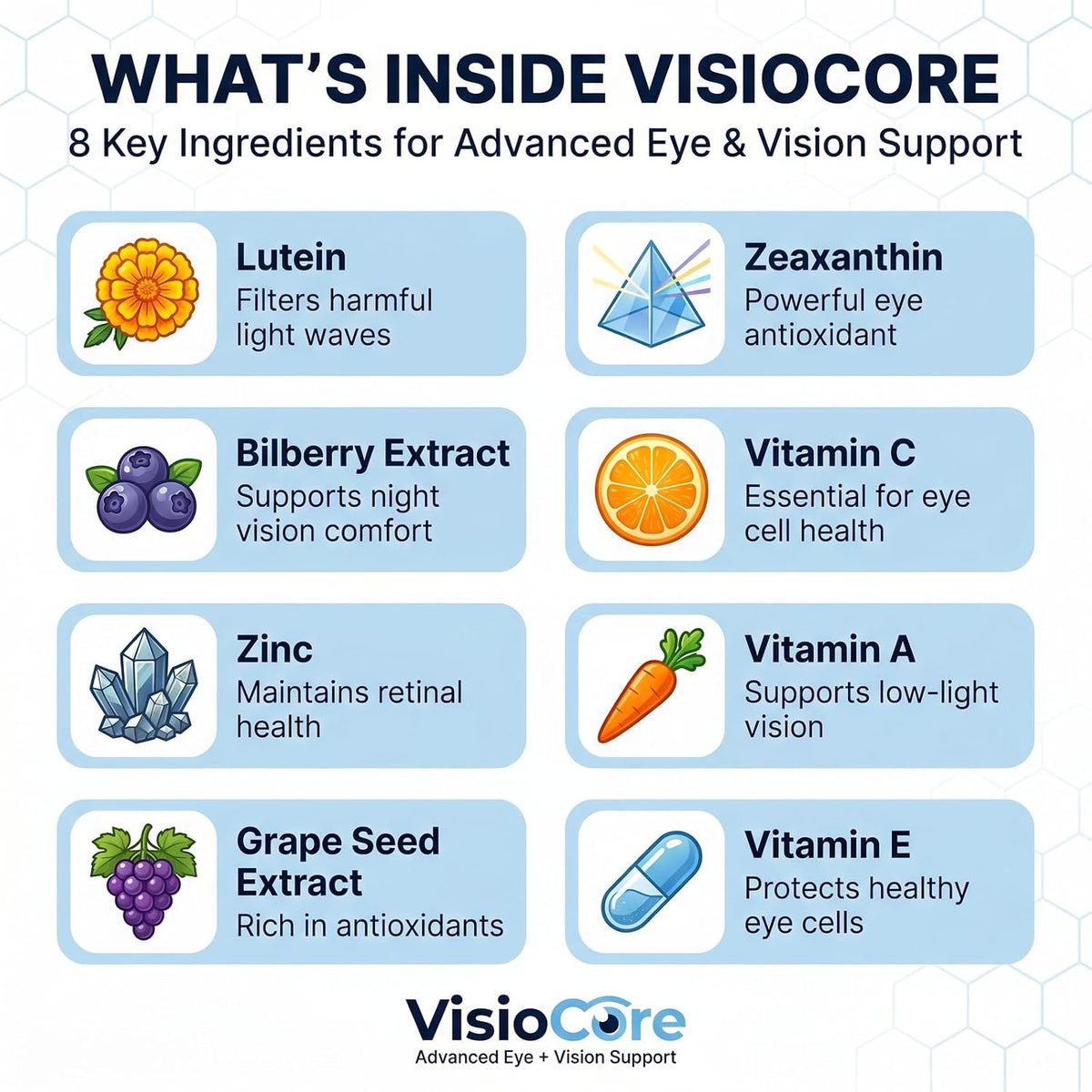 VisioCore Advanced Eye & Vision Support Supplement - Supports Visual Clarity, Retinal Health & Eye Comfort - with Lutein, Bilberry & Vitamin C - 60 Capsules