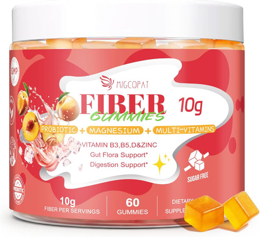 Migcopat 10G Fiber Gummies for Adults, with Probiotics & ACV, 30 Billion CFU, Prebiotic Inulin & Chicory Root, Vitamins C, D3, B3, B5, Magnesium, Zinc – Digestive & Gut Health, No Sugar, 60 Count