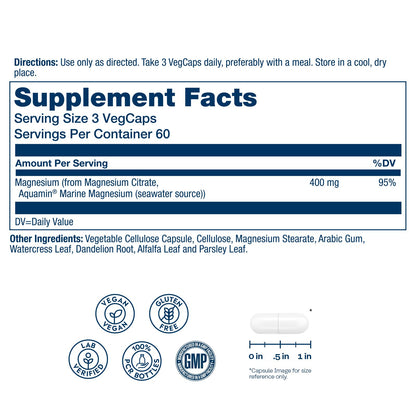 SOLARAY Magnesium Citrate 400mg - Magnesium Supplement - Bone Health, Muscle, Relaxation and Heart Health Support - Vegan, Gluten Free - 60 Servings, 180 VegCaps