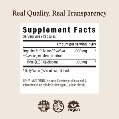 Real Mushrooms Lions Mane Mushroom Cognition (120 Capsules) Lions Mane Mushroom Powder Extract Capsules | Brain Supplement, Brain Vitamins, Focus Supplement