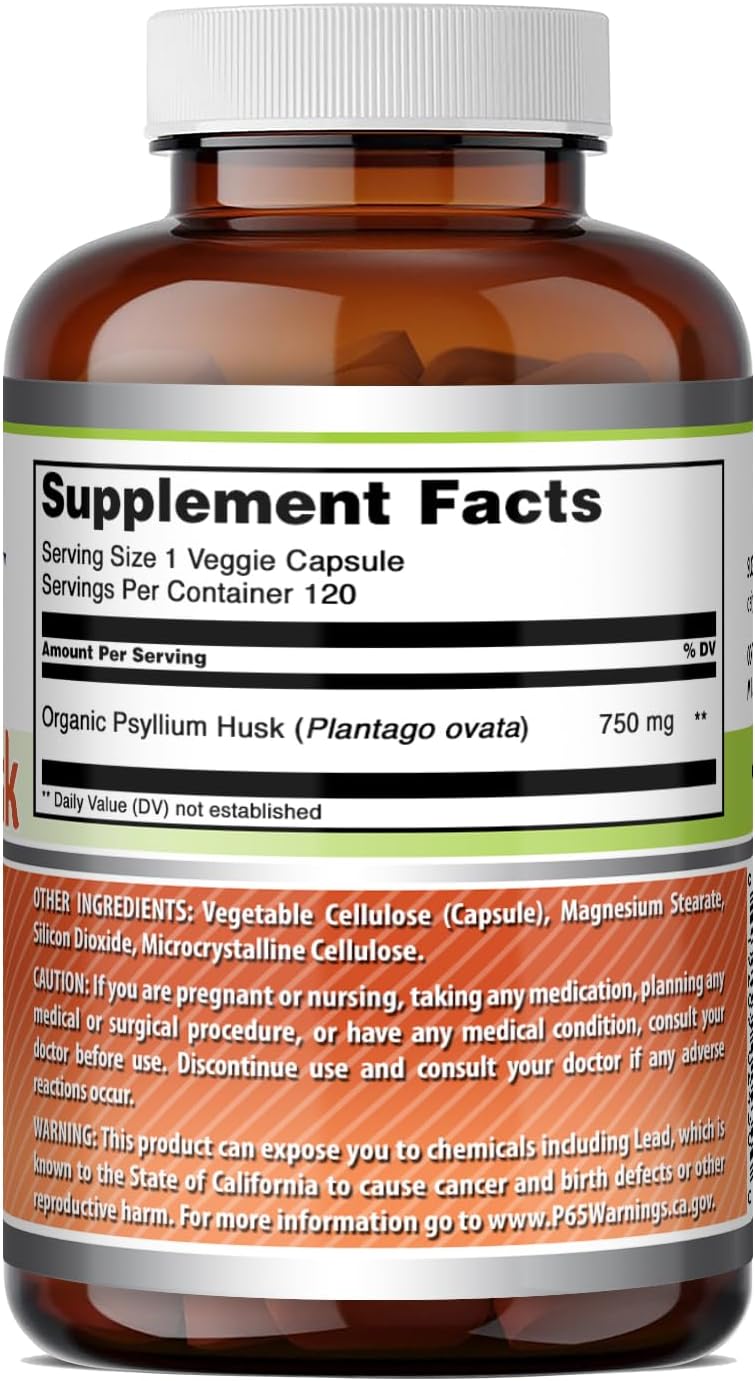 Amazing Formulas Psyllium Husk 750mg Veggie Capsules Supplement | Non-GMO | Gluten Free | Made in USA | Suitable for Vegetarians (120 Count)