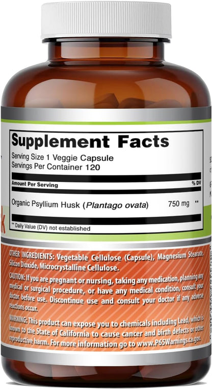 Amazing Formulas Psyllium Husk 750mg Veggie Capsules Supplement | Non-GMO | Gluten Free | Made in USA | Suitable for Vegetarians (120 Count)