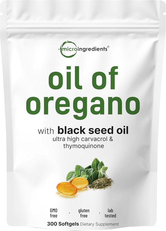 Micro Ingredients Oil of Oregano with Black Seed Oil, 300 Softgels | Naturally Occurring Carvacrol & Thymoquinone. 2-in-1 Oregano Oil Supplement. Non-GMO, Gluten Free, 3rd Party Tested.