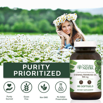 Natural Nutra Evening Primrose Oil Supplement, 500 mg, 90 Softgels | Nerve Health, Helps Reduce Skin Blemishes & Fatty Acid, Balance Body Secretions, Promote Heart Health, Skin Clarity
