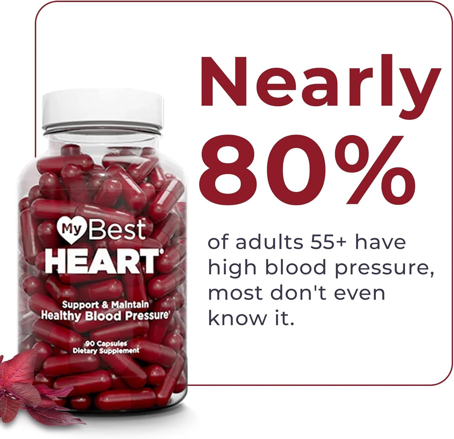 MyBestHeart Blood Pressure Support Supplement for Men & Women - 90 Capsules | Full Results in 60-90 Days - 8 US Patents - Cardiologist Developed - Red Spinach, Potassium Nitrates, Iron & Nitric Oxide