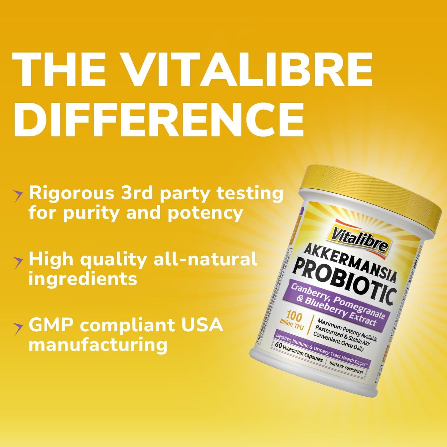 Vitalibre Akkermansia Probiotics 100 Billion TFU, Pasteurized Akkermansia Muciniphila, w/Cranberry, Blueberry & Pomegranate, Digestive & Immune Health, Leaky Gut, GLP-1 Supplement, 30 Vegan Capsules