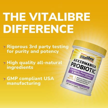 Vitalibre Akkermansia Probiotics 100 Billion TFU, Pasteurized Akkermansia Muciniphila, w/Cranberry, Blueberry & Pomegranate, Digestive & Immune Health, Leaky Gut, GLP-1 Supplement, 30 Vegan Capsules