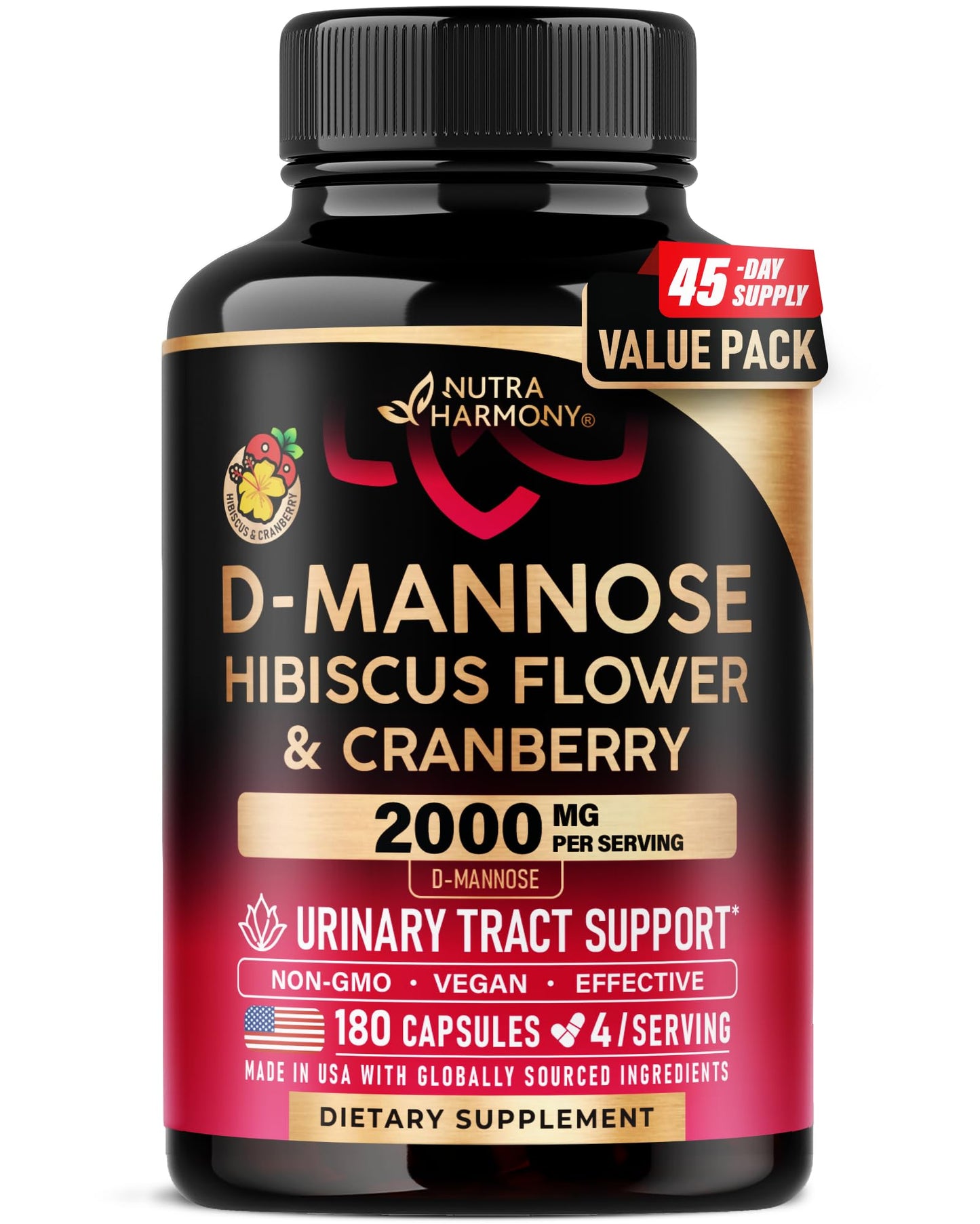 D-Mannose 2000mg with Cranberry & Hibiscus - Clinically Tested Strength for Urinary Tract Health - Supplement for Women - Bladder, Liver & Microflora Support - Lab Tested - Vegan, 120 Capsules